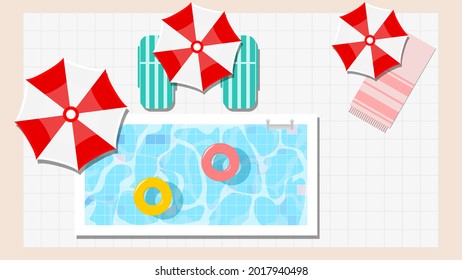 Summer vector illustration, top view of swimming pool, tanning sun beds, beach towel, ubrellas, inflatable rings.