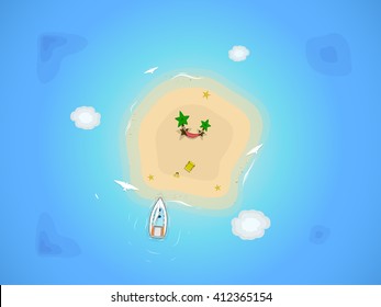 Summer vector illustration. Top view of a sandy island with palm trees, a hammock, moored boat, beach chair on the sand and lying next to flippers. In the clouds hovering birds.