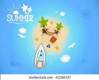 Summer vector illustration. Top view of a sandy island with palm trees, a hammock, moored boat, beach chair on the sand and lying next to flippers. In the clouds hovering birds. Depicts logo  Summer