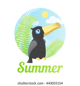 Summer. Vector illustration of a Toucan sitting on a palm tree