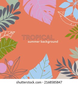 Summer vector illustration in trendy flat style with copy space for text.Abstract background with tropical leaves,plants.Tropical banner for covers,social media,posters,prints.Cover design template.