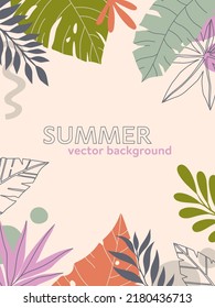 Summer vector illustration in trendy flat style with copy space for text.Abstract background with tropical leaves,plants.Tropical banner for covers,social media,posters,prints.Cover design template.