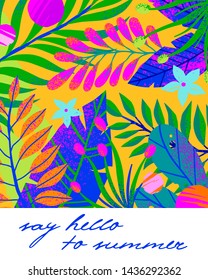 Summer vector illustration with tropical leaves,flowers and elements.Multicolor plants with hand drawn texture.Exotic background perfect for prints,flyers,banners,invitations,social media.