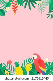 Summer vector illustration of tropical plants and a parrot.