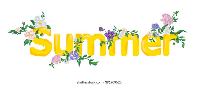 summer Vector Illustration Typographic design with text, floral frame, greeting card, poster.
