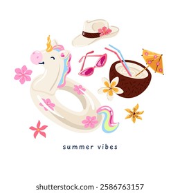 Summer vector illustration with unicorn floaty, exotic coconut cocktail and flowers.