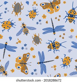 Summer vector illustration with various insects and flowers in blue and yellow colors. Seamless background with insects: butterflies, dragonflies, wasps, beetles, ladybugs. Hand drawn in a flat style