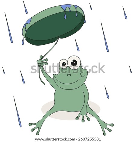 Summer vector illustration with Whimsical hand drawn Frog under burdock leaf. Frog and rain isolated white background. Perfect t-shirt print copybook cover template design. EPS 10