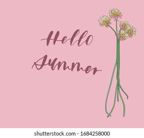 Summer vector illustration with wildflowers bouquet. Lettering Hello summer. Can be used for banner, poster, card, postcard and printable.