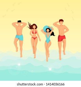 Summer vector illustration with young people sunbathing on the beach. Can be used in postcard, poster, banner, cover, flyer.