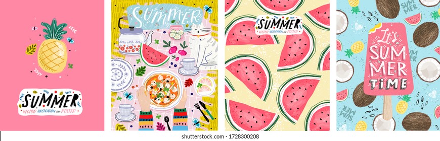 Summer! Vector illustrations of a picnic on the grass, a cute pineapple fruit, pink ice cream and a pattern of watermelons. Drawings for poster, background or postcard.
 
