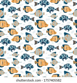 Summer vector illustrations. Sea fish. Seamless pattern background. hand draw cartoon Scandinavian nordic design style for fashion or interior or cover or textile.