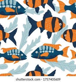 Summer vector illustrations. Sea fish. Seamless pattern background. hand draw cartoon Scandinavian nordic design style for fashion or interior or cover or textile.