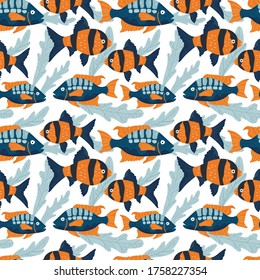 Summer vector illustrations. Sea fish. Seamless pattern background. hand draw cartoon Scandinavian nordic design style for fashion or interior or cover or textile.
