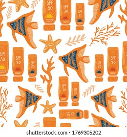 Summer vector illustrations. Seamless pattern background. hand draw cartoon Scandinavian nordic design style for fashion or interior or cover or textile.