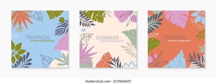 Summer vector illustrations in trendy flat style with copy space for text.Abstract backgrounds with tropical leaves,plants.Tropical banners for social media,posters,prints.Cover design templates.