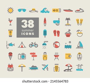 Conjunto de iconos aislados del vector de verano. Signo de verano. Símbolo gráfico del sitio web de viajes y turismo y diseño de aplicaciones, logotipo, aplicación, interfaz de usuario