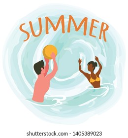 Summer vector, isolated people playing waterpolo, on water, waterpolo with inflatable ball. Man and woman having good time on vacation, sumertime couple game