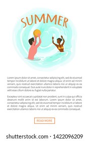 Summer vector, isolated people playing waterpolo, on water, waterpolo with inflatable ball. Man and woman having good time on vacation, couple game, summertime activity