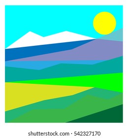 Summer vector landscape in art low - poly. The sun, the mountains, the river and the grass
