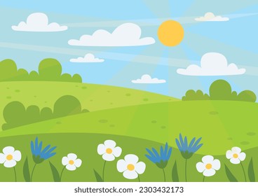 Summer vector landscape. Beautiful background. Meadow, glade, flowers, bushes, sky, sun and clouds.