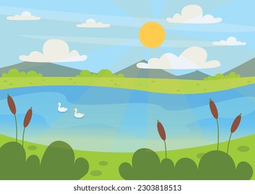 Summer vector landscape. Beautiful background. Lake, hills, swans, reeds, bushes, sky, sun and clouds.