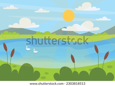 Summer vector landscape. Beautiful background. Lake, hills, swans, reeds, bushes, sky, sun and clouds.
