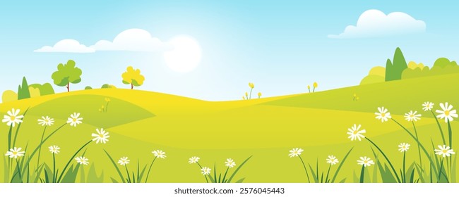 Summer vector landscape with blue sky, white clouds, green field and flowers. Summer natural landscape for flyers, posters, covers, banners. Green meadows and fields.