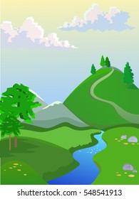 Summer vector landscape. Landscape for browser games. Beautiful background. Big clouds on the sky. Yakraya greenery on the hills. Beautiful creek.