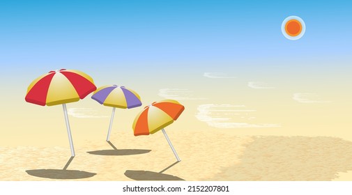 Summer vector landscape with colorful umbrellas and beach
