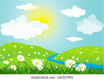 Summer vector landscape with grass and meadow of flowers