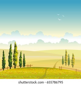 Summer vector landscape with green cypress, field with red flowers and cloudy sky. Natural illustration. 