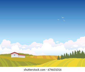 Summer vector landscape with green field, forest, house and cloudy blue sky. Vector nature illustration. 