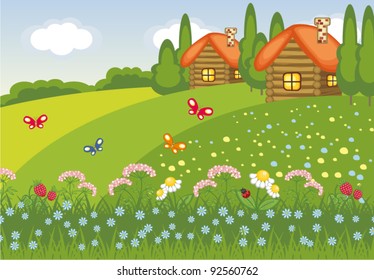 Summer vector landscape with house and tree