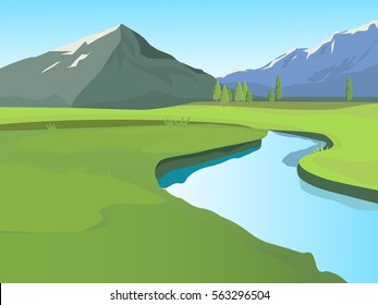 Summer vector landscape. Mountain landscape. Green meadow. Beautiful colorful background. Bright colors. In the foreground, a brook.