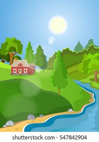 Summer vector landscape. Rural landscape. Green meadow stream. Clear skies and sunshine.