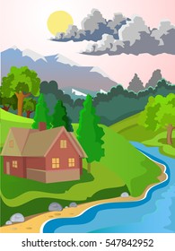 Summer vector landscape. Rural landscape. Green meadow stream. Clear skies and sunshine. The clouds in the sky.