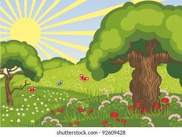 Summer vector landscape with trees