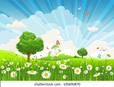 Summer vector landscape with trees and meadow of flowers eps10