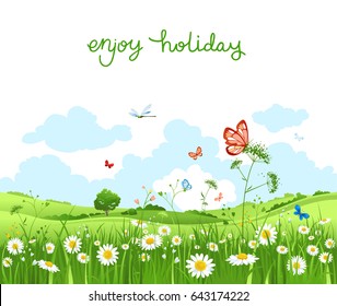 Summer vector landscape with trees and meadow of flowers. Sky, green grass and butterflies.