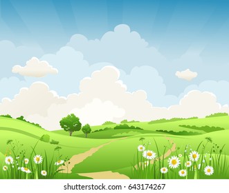 Summer vector landscape with trees and meadow of flowers. Sky, green grass and butterflies.