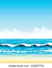Summer vector landscape - turquoise sea with waves and sandy beach on a blue sky with white clouds