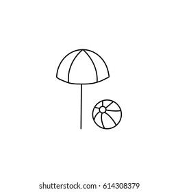 Summer vector line icon of beach umbrella for a sunshade and a ball to play  