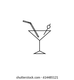 Summer vector line icon of cool cocktail with a straw and olive 