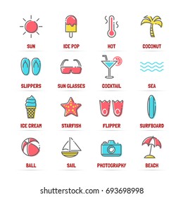 summer vector line icons with flat colors, minimal pictogram design, editable stroke for any resolution