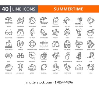 Summer vector lines icon set. Related of summer holiday, vacation, beach. Thin line quality icons for web element