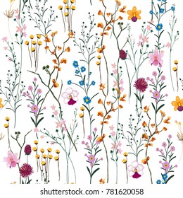 Summer Vector many kind of wild flowers seamless beautiful on white color background, pattern for fashion and all prints on hand drawing style.