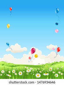 Summer vector meadow of flowers and balloons. Sky, flowers and green grass.