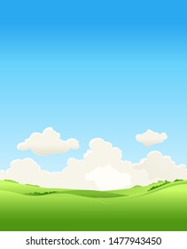 Summer vector meadow landscape. Sky, flowers and grass. Happy birthday lettering.