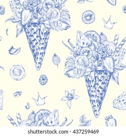 Summer vector monochrome hand drawn seamless pattern with a fruity cocktail in waffle cone, flowers isolated natural illustration, Berries in waffle cones